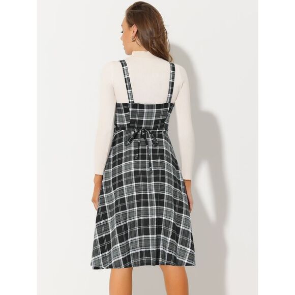 Plaid Vintage Sleeveless Tie Waist A-Line Overall Pinafore Dresses Black - Picture 4 of 5